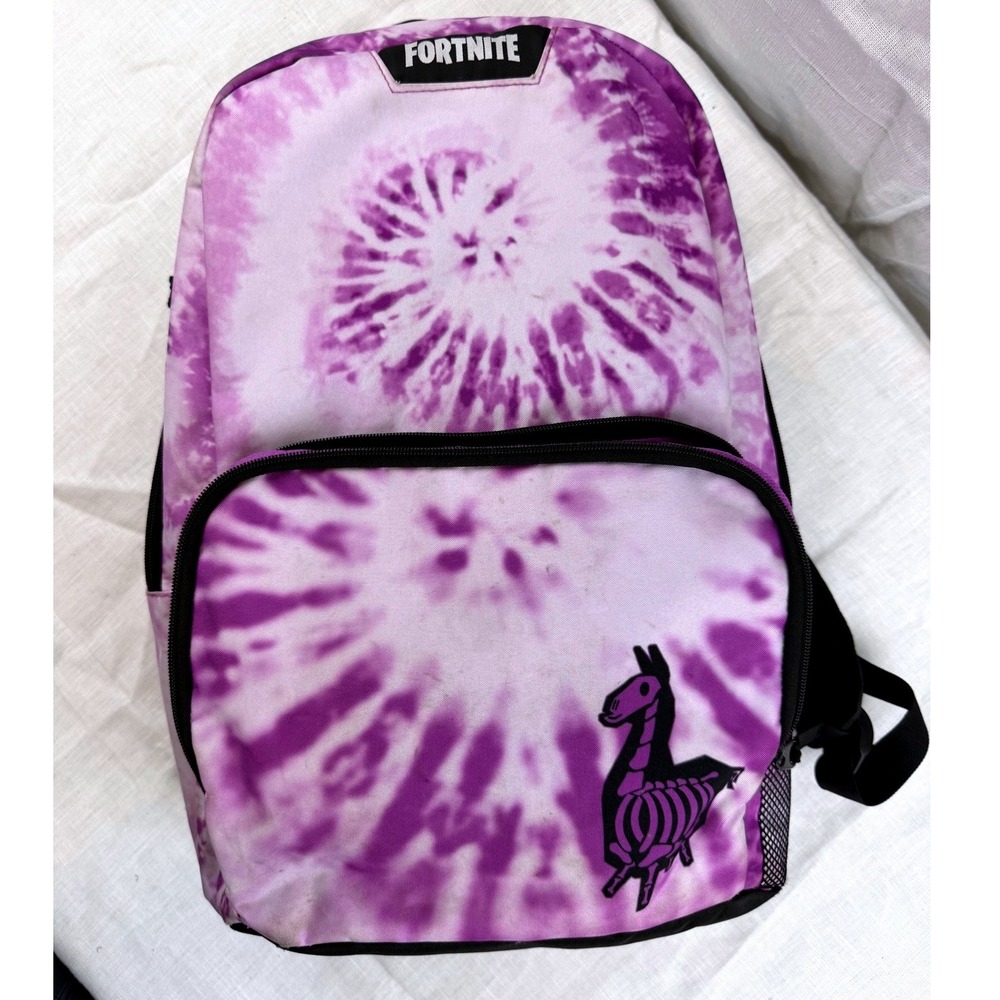 Fortnite Loot Llama Tie Dye Backpack Purple Skeleton Graphic Kids School Bag EUC